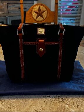 Dooney & Bourke Black Suede Leather Trim Tote Bag Red Lining Large Shoulder Bag